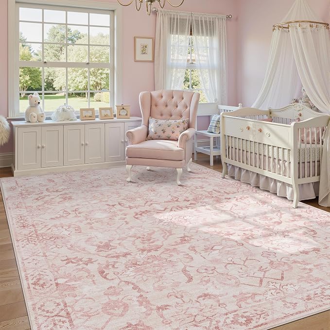 Pink Area Rugs 6x9 for Living Room, Washable Vintage Rugs for Bedroom, Distressed Throw Rug, Non Slip Rug Carpet for Bedroom Dining