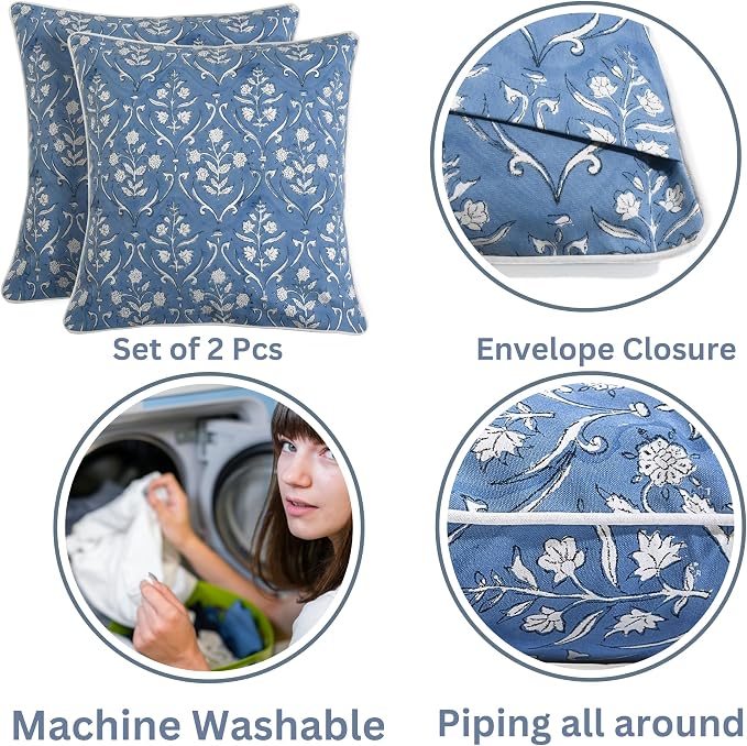 Ridhi Block Print Cornflower Blue Pillow Cover 24" x 24" (Pack of 2) Decorative Couch Pillows for Living Room, Chic Boho Cute Outdoor Pillows Covers Gifts for Spring, Easter and Valentine