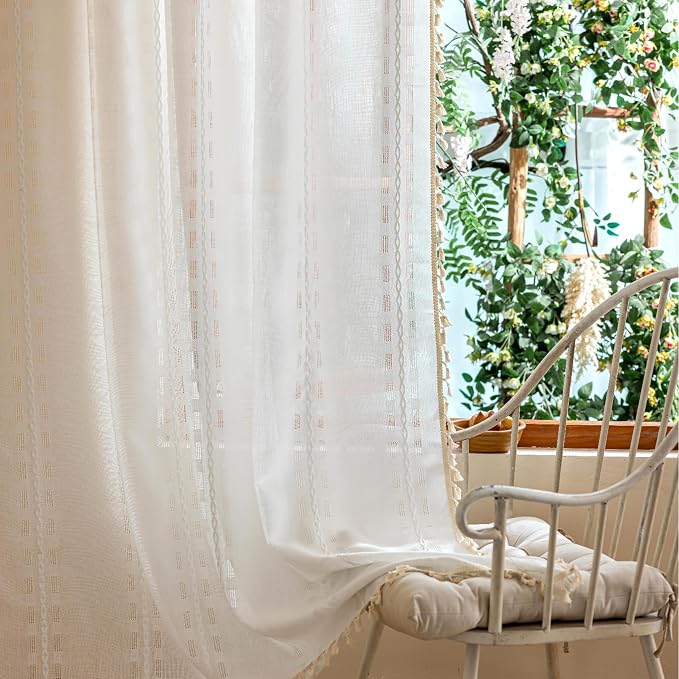 90 Inches Boho Curtains for Livingroom bedroom, Bohemian Semi Sheer Drapes, Farmhouse Privacy Tassels Vintage Chic Drape Embroidery Window Treatment Decor,Back Tab & Rod pocket Ivory White，2 Panels