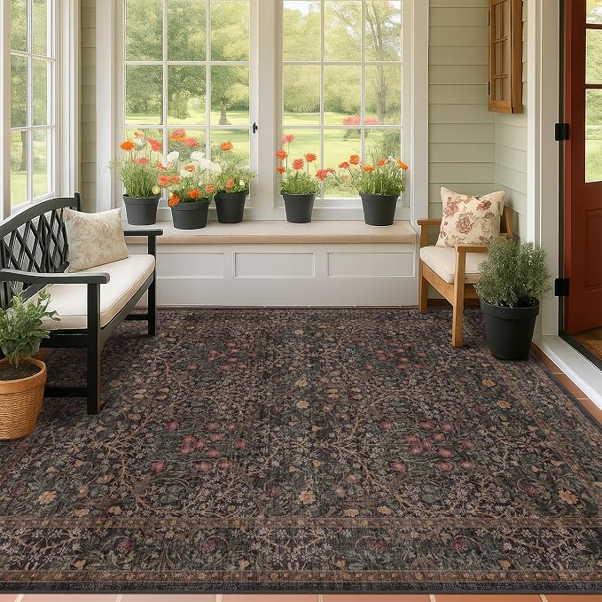 Dark Brown Washable 5x7 Area Rugs for Living Room, Entryway, Non-Slip Soft Rugs for Bedroom, Dining Room, Home Office, Black Brown Floral Vintage Cottage Indoor Carpet Décor, Low Pile Stain Resistant