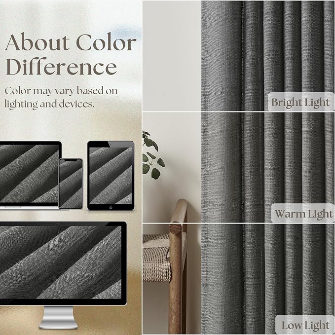 Dark Gray Linen Pinch Pleated Light Filter Curtains 96 Inches Long 2 Panels | Pinch Pleat Drapes Back Tab, Thick Linen Textured, for Living Dining Room, Modern Farmhouse Neutral, Charcoal Slate Grey