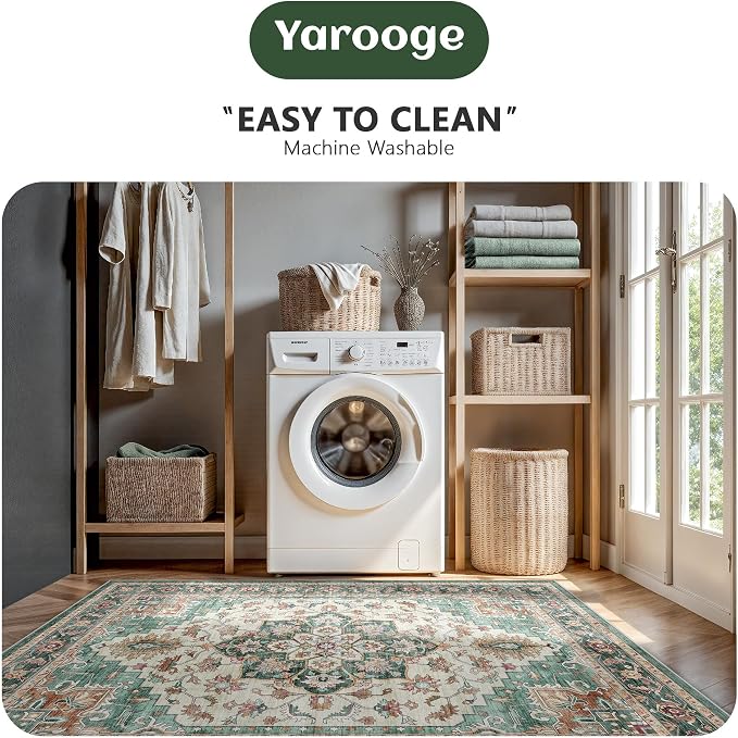 6x9 Area Rugs - Washable Rug Vintage Distress Boho Medallion Rugs for Living Room, Soft Non-Slip Backing Low Pile Carpet for Bedroom Dining Room Office Nursery Dorm Home, Green Brown