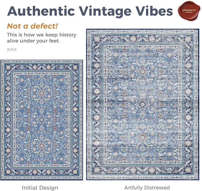 OPPODREAM Vintage Blue 2x8 Runner Rug, 2 x 8 Retro Washable Rug Non Slip, Low-Pile Faux Wool Carpet, Distressed Navy Floor Mat for Kitchen, Hallway, Entry-Way, Entrance, Indoor Back Door