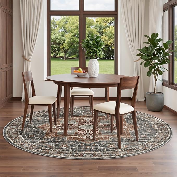 Roxstand 6ft Round Washable Area Rug, Non Slip Rug, Grey/Brown/Tan | 6x6 Low Pile Rug, Stain Resistant, Non-Shedding Surface, Pet & Kid Friendly Circle Rug for Living Room, Bedroom, Dining Room