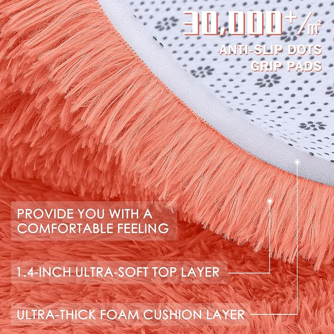 OLANLY Coral Red Round Rugs for Bedroom - Machine Washable, 8 ft Circle Area Rugs for Living Room, Soft and Fluffy Shaggy Carpet for Teen Girl and Boys, Nursery Rooms, Dorms, Home Decor Aesthetic