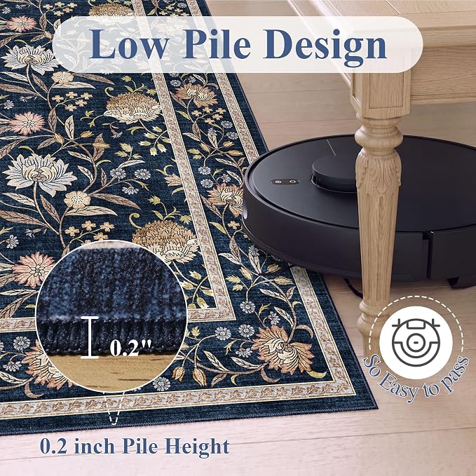 DUKINO 2x6 Runner Rug, Washable Vintage Floral Kitchen Rug, Navy Blue | Non Slip, Low Pile, Non-Shedding, Stain Resistant Soft Carpet Runner for Hallway Bathroom Entryway Bedroom Laundry Farmhouse