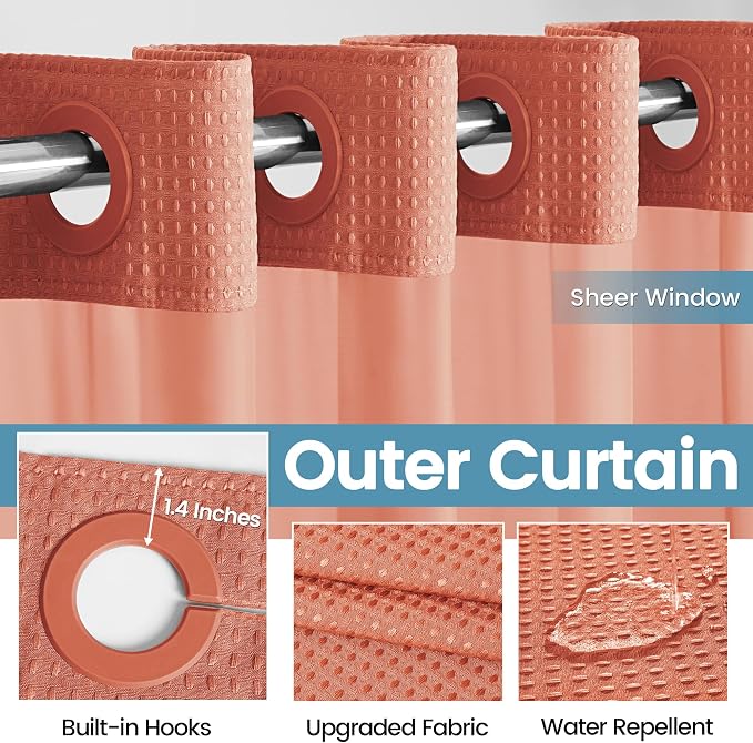 EUTXL 256GSM Heavyweight Hotel Shower Curtain with Detachable Liner - Waffle Textured,Hotel Grade,Spa Like Bath Curtain,71W x 74H,Coral