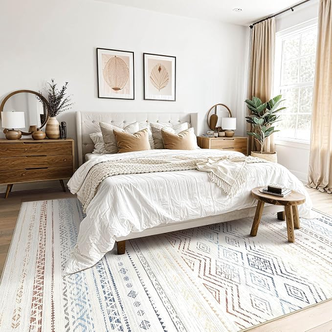 Tortania Area Rug Living Room Rugs- 8x11 Washable Large Soft Neutral Boho Moroccan Bohemian Farmhouse Rug Indoor Floor Carpet for Bedroom Under Dining Table Home Office Decor - Multicolor