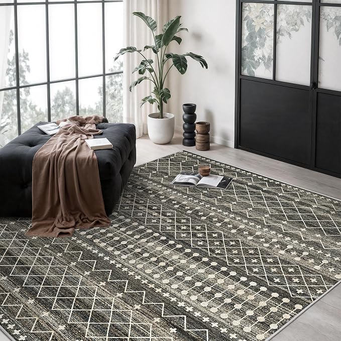 Miukiki 5x7 Area Rug for Living Room Moroccan Washable Rugs Non Slip Indoor Floor Carpet Foldable Large Soft Area Rug for Dining Room Bedroom with Low Pile(Black,5'x7')