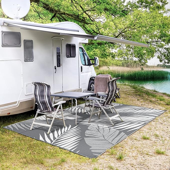 GENIMO Outdoor Rug, Waterproof Plastic Rugs for Patio, 6'x9' Grey White | Outside Larger Leaf Carpet Mat for Porch Decor, Deck, Balcony, Camping, RV, Backyard, Picnic, Beach, Reversible, Foldable