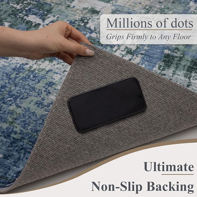 Sasttie 2x10 Soft Runner Rug for Entryway, Modern Abstract Washable Carpet for Hallway, Kitchen and Laundry Room, with Non-Slip Backing, Blue and Green