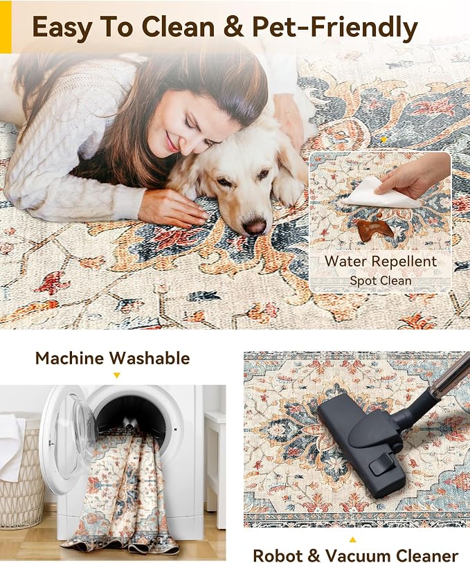 RELEANY Area Rugs Runner 2'x9' Washable Non-Slip, Floral Vintage Distress Medallion Carpet for Kitchen Hallway Bedroom Beside Laundry Room Bathroom, Beige Navy Blue Orange Colorful