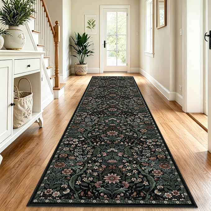 3x12 Washable Runner Rug,Black Floral Long Rugs for Hallway,Low-Pile Non-Slip Stain Resistant Boho Carpet for Kitchen, Bedside,Laundry Room,Entryway