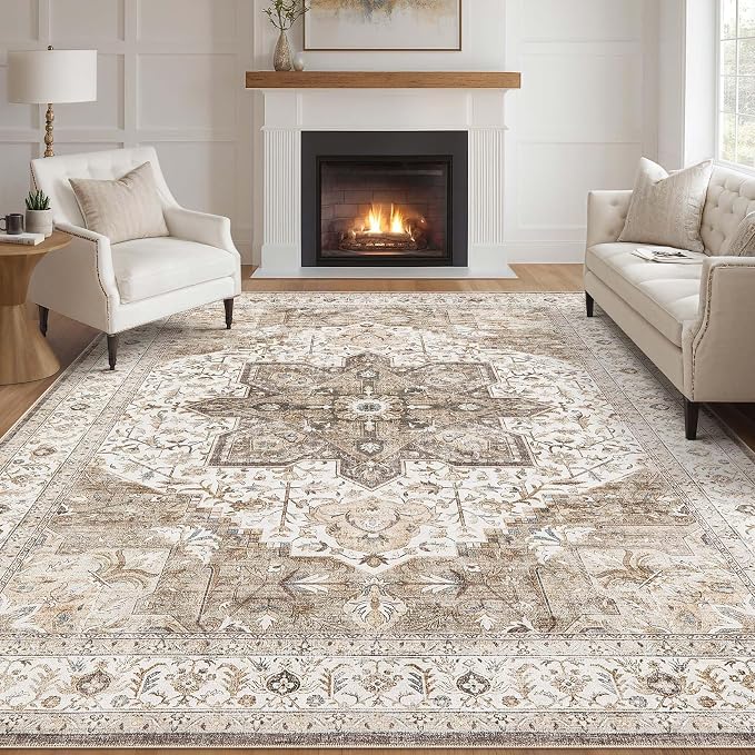 Tortania Area Rug Living Room Rugs - 7x9 Washable Boho Rug Vintage Oriental Distressed Farmhouse Large Thin Indoor Carpet for Living Room Bedroom Under Dining Table Home Office - Brown