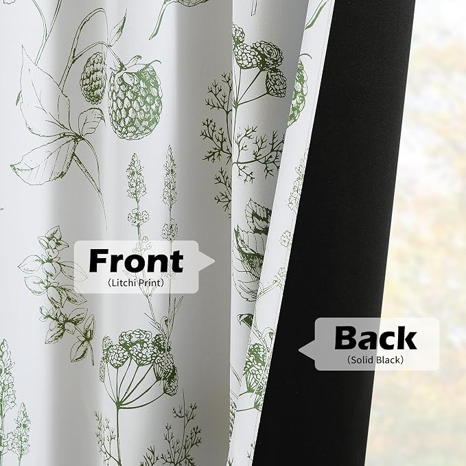 FMFUNCTEX 100% Blackout Green Floral Curtains 84 Inch Back Tab 2 Panels | Black Out Drapes, Thermal Insulated Cottage Farmhouse, Lichi Flower Patterned Curtain for Bedroom, Living Room Darkening