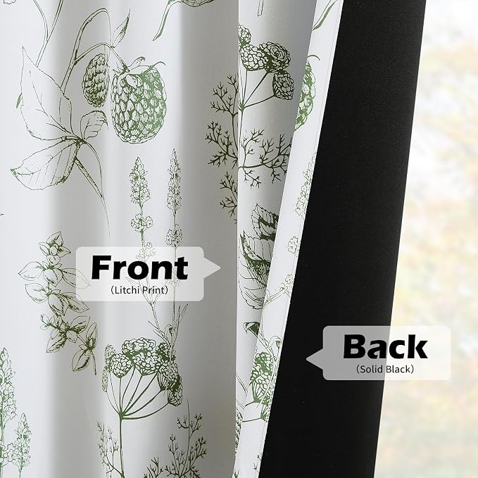 FMFUNCTEX 100% Blackout Green Floral Curtains 96 Inch Back Tab 2 Panels | Black Out Drapes, Thermal Insulated Cottage Farmhouse, Lichi Patterned Extra Long Curtain for Bedroom, Living Room Darkening