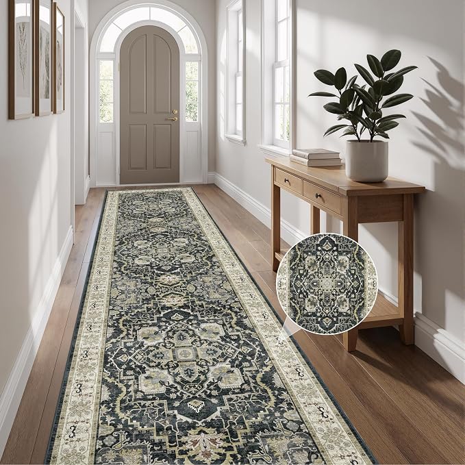 3x12 Runner Rug for Hallway, Non-Slip Long Washable Rug, Soft Thin Vintage Floor Mat for Kitchen, Bathroom, Bedroom, Entryway, Dining Room (Black, 3'x12')