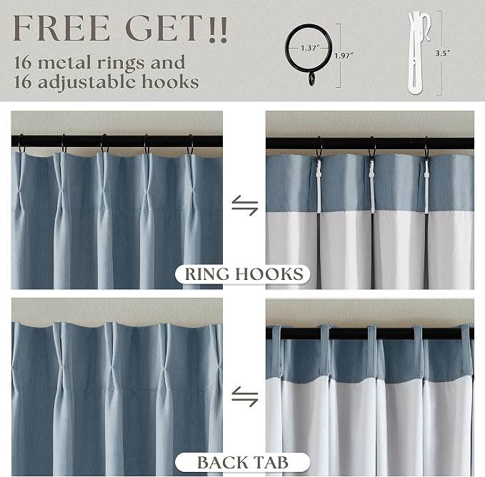 Dusty Blue Linen Black Out 120 Inch Curtains for Living Room 2 Panels Set | Pinch Pleated Back Tab Drapes, Two Layer Design, Thermal Insulated Full Blackout Curtains, for Bedroom High Ceiling, W40xL120