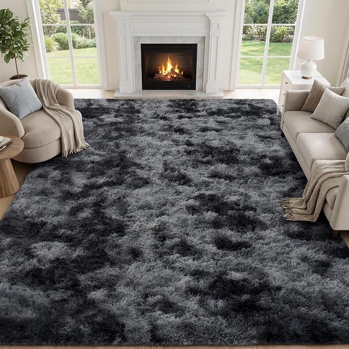 8x10 Area Rugs for Living Room Bedroom: Black Grey Soft Fluffy Shag Upgrade Non-Slip High Pile Carpet Large Fuzzy Plush Indoor Floor Decor Shaggy Rug for Kid Boys Girls Playroom Nursery Modern Home