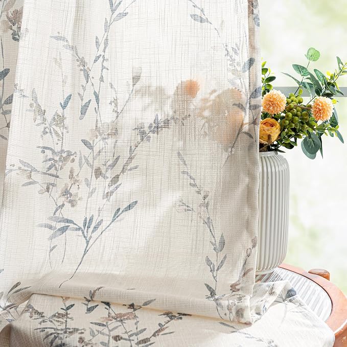 MYSKY HOME Sheer Curtains 84 Inches Long 2 Panels Linen Blended Farmhouse Curtains & Drapes for Living Room Bedroom, Light Filtering Privacy Curtains Floral Printed Classical Home Decor, Navy Blue(2)
