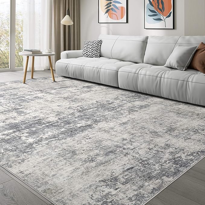 Abstract 8x11 Area Rug: Machine Washable Non Slip Ultra Thin Low-Pile Carpet, Soft Stain Resistant for Living Dining Room Bedroom, Kid Pet Friendly, Robot Vacuum Compatible - Beige Dark Grey