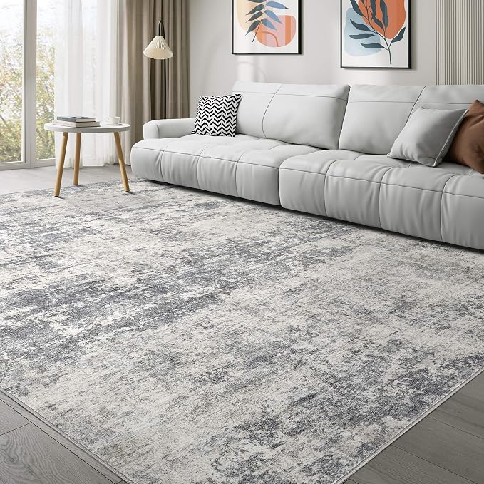 Abstract 10x12 Area Rug: Machine Washable Non Slip Ultra Thin Low-Pile Carpet, Soft Stain Resistant for Living Dining Room Bedroom, Kid Pet Friendly, Robot Vacuum Compatible - Beige Dark Grey