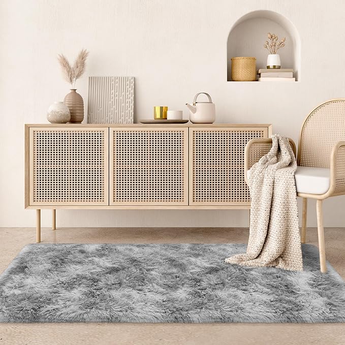 2x6 Grey Runner Rug for Bedroom, Soft Fluffy Runner Area Rug for Living Room Plush Gray Bedroom Rug Fuzzy Shaggy Carpet for Kids Room Dorm Nursery with Non-Slip Bottom
