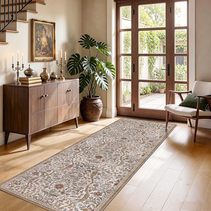 2x6 Washable Runner Rug, Khaki Beige Floral Area Rug for Hallway,Low-Pile Non-Slip Stain Resistant Carpet for Kitchen, Bedside,Laundry Room,Entryway