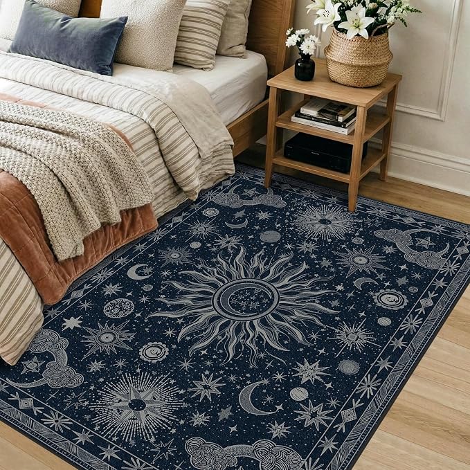 Vacuum-Friendly, 3x5 Washable Area Rug, Blue Gray White | Sun and Moon Boho Gothic Non-Slip Low Pile Living Roon Bedroom Dining Room Kitchen Entry Entryway Entrance Hallway Doormat