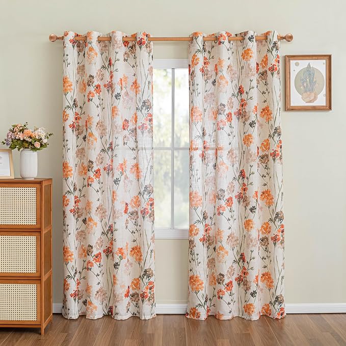 MYSKY HOME Linen Floral Sheer Curtains for Living Room 84 inch Length 2 Panels Set Printed Window Curtain for Bedroom,Light Flightering & Privacy Protection Grommet Drapes,Orange, W52 Each Panel
