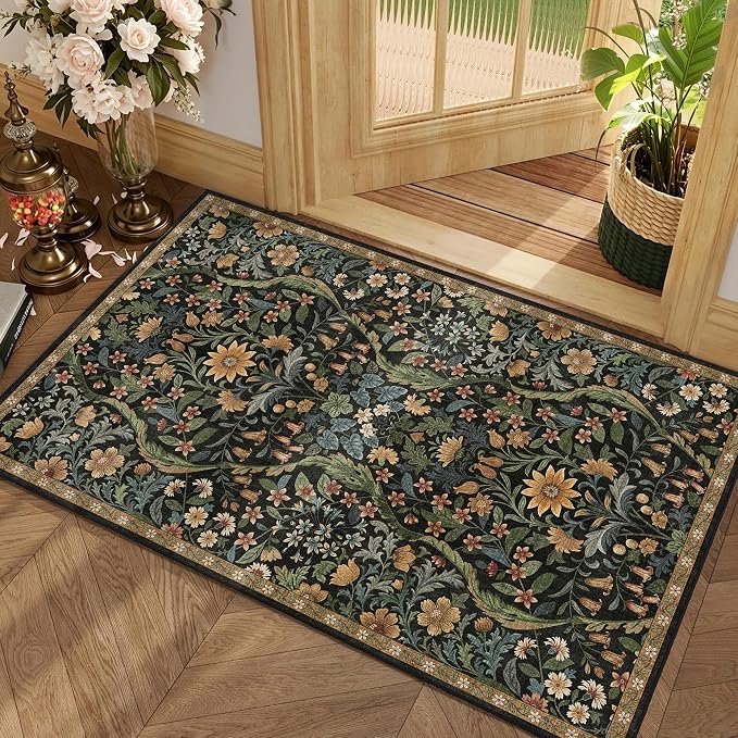 Floral 2x3 Entryway Rug,Washable Front Door Mat Indoor Non Slip Low Pile Small Carpet, Soft Black Brown Boho Botanical Throw Rug for Bathroom Bedroom Kitchen Laundry Indoor Entrance