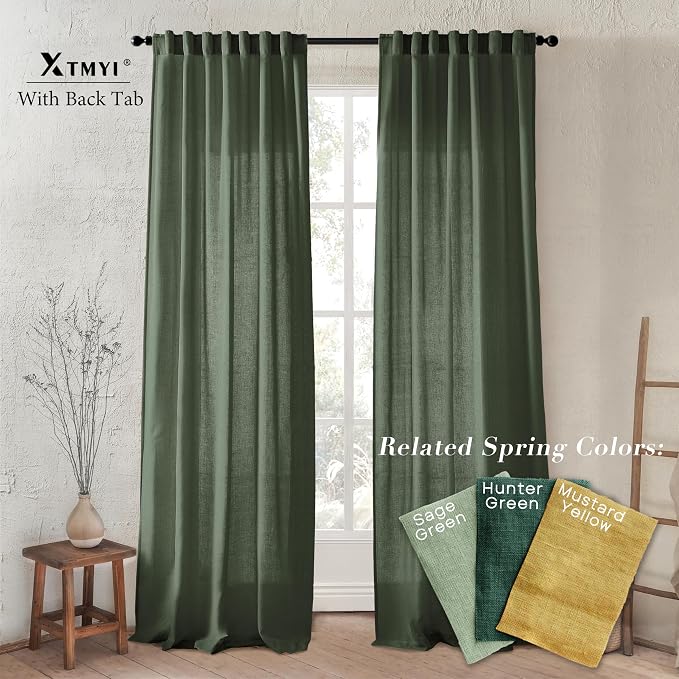 XTMYI Olive Green Linen Curtains, Light Filtering Sheer Window Treatments, Boho Floor to Ceiling Curtains for Bedroom Aesthetic Living Room, 84 Inches Long, 2 Panels Set