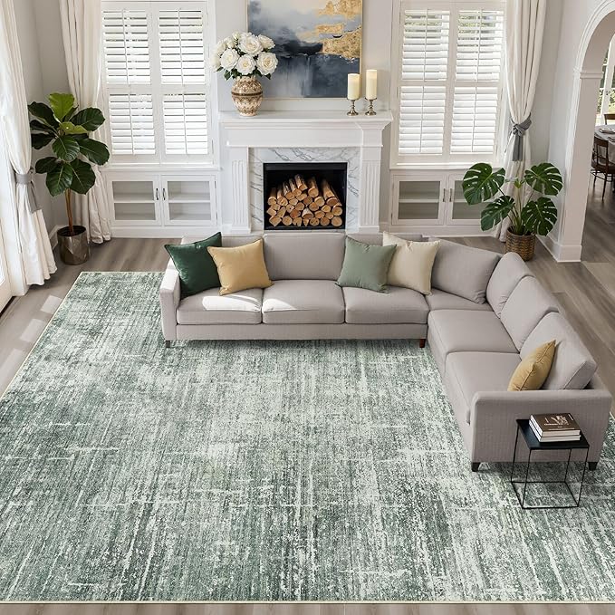 10x12 Area Rug Living Room: Washable Large Neutral Rugs Abstract Soft Modern Stain Resistant Indoor Floor Non-Slip Carpet for Bedroom Nursery Kids Office Playroom Dining Room Under Table- Dark Green