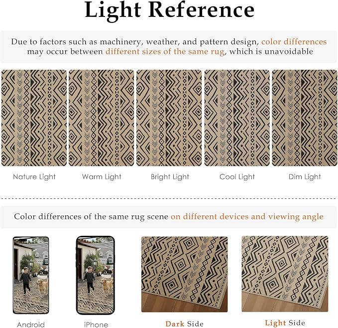 PureCozy 5x7 Easy Jute Outdoor Rug Black Boho Indoor Outdoor Area Rug Farmhouse Patio Carpet for Backyard, Patio, Porch, Living Room， Easy-Cleaning, High Traffic, Pet-Friendly, Non-Shedding