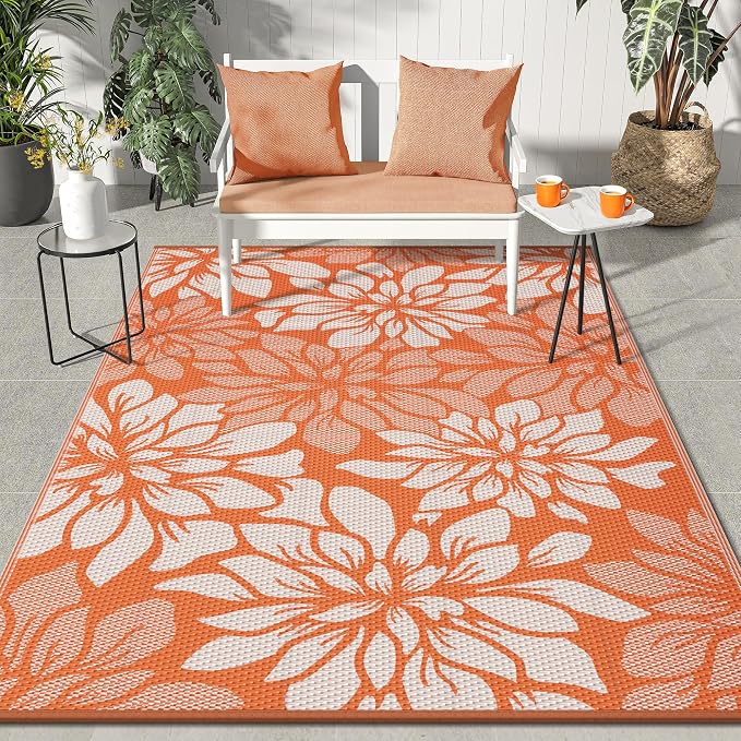 GENIMO Outdoor Rug, Waterproof Plastic Rugs for Patio, 6'x9' Orange Beige | Outside Larger Leaf Carpet Mat for Porch Decor, Deck, Balcony, Camping, RV, Backyard, Picnic, Beach, Reversible, Foldable