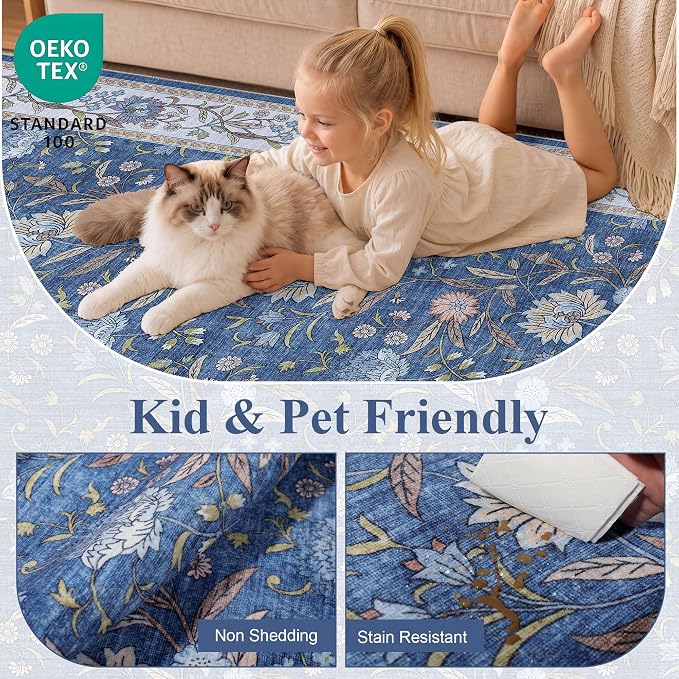 DUKINO 3x5 Rug, Washable Vintage Floral Bedroom Area Rug Non Slip, Sky Blue | Low Pile, Non-Shedding, Stain Resistant Boho Lightweight Soft Indoor Carpet for Bathroom Office Dining Living Room Farmhouse