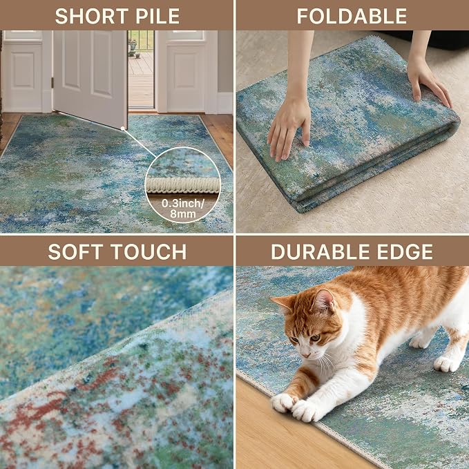 GENIMO Runner Rug Non Slip 2x6, Washable Rug Runner for Hallways Kitchen, Abstract Modern Kitchen Rugs, Low Pile Lightweight Carpet Runners for Entryway, Bedroom, Laundry, Aqua Blue