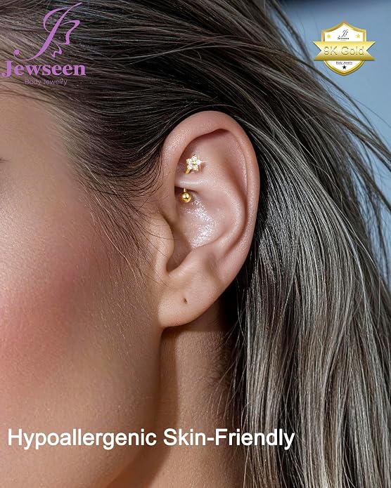 Jewseen ULTIMATE COLLECTION—9K Solid Real Gold Shiny Zircon Floral Design Belly Button Ring Eyebrow Rook Stud 16G 8mm Fine Piercing Jewelry