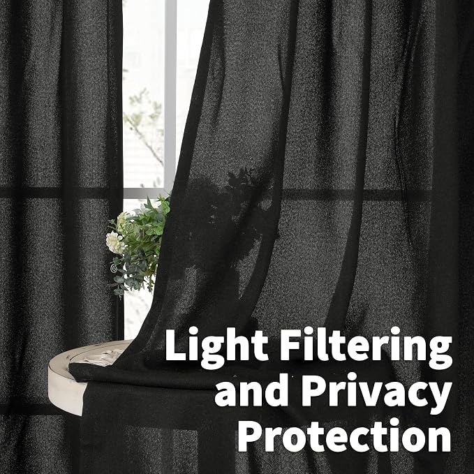 YoungsTex Black Linen Curtains 80 Inch Length for Living Room, Light Filtering Semi Sheer Window Drapes Bronze Grommet Privacy Halloween Decor for Dining Bedroom, 52 x 80 Inch, 2 Panels