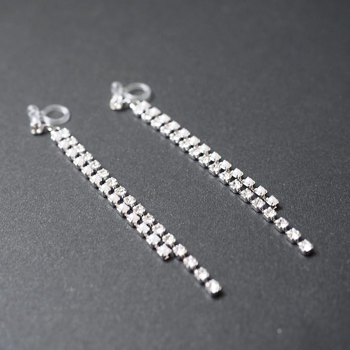 Dangle Silver Invisible Clip On Earrings for Women Not Pierced Gold Crystal Rhinestone Comfortable Hoop Fringe Long Chain Clip On Earrings