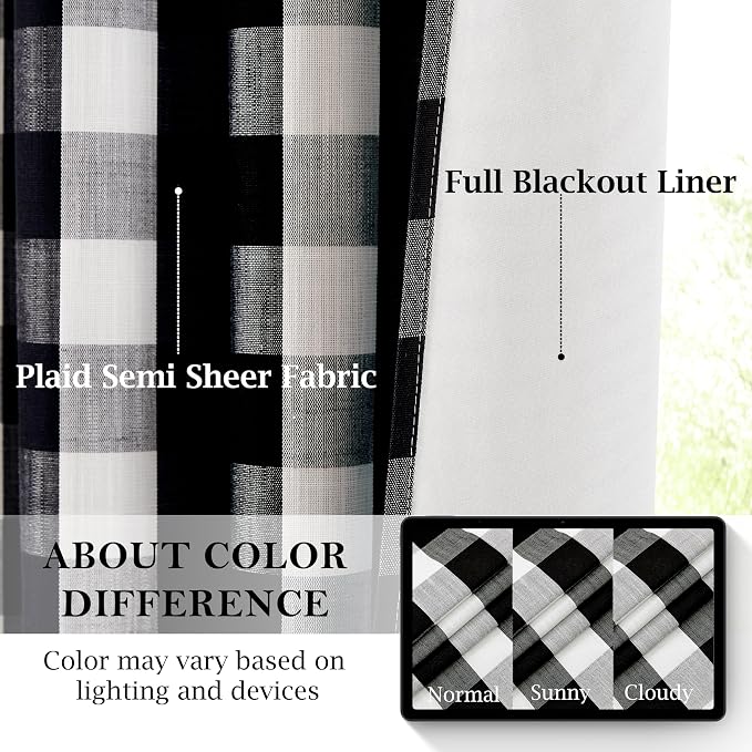 Black White Buffalo Plaid Blackout Curtain Panels for Bedroom | 90 Inches Length Farmhouse Gingham Drapes,Thermal Insulated Living Room Window Treatment,Rod Pocket Back Tabs,40"Wx90"Lx2
