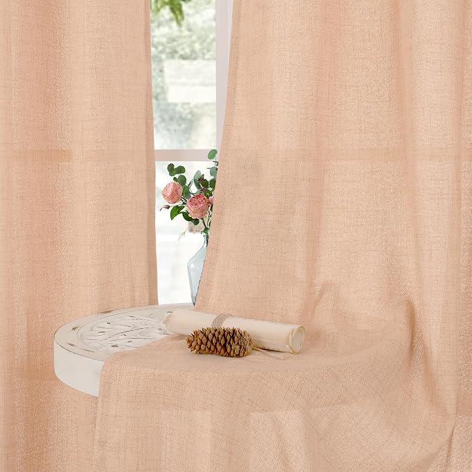 YoungsTex Peach Linen Curtains 45 Inches Long for Short Window, Semi Sheer Textured Drapes with Bronze Grommet Light Filtering Spring Decor for Bedroom Living Room, 42 x 45 Inch, 2 Panels