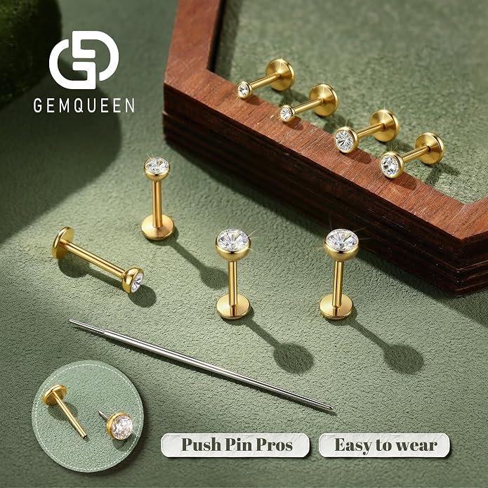 GEMQUEEN 4 Pairs 16G/18G/20G G23 Titanium Implant Grade Nose Studs Threadless Flat Back Earrings Hypoallergenic Flatback 5A CZ Cartilage Helix Tragus Conch Tiny Lip Piercing Jewelry for Women Men