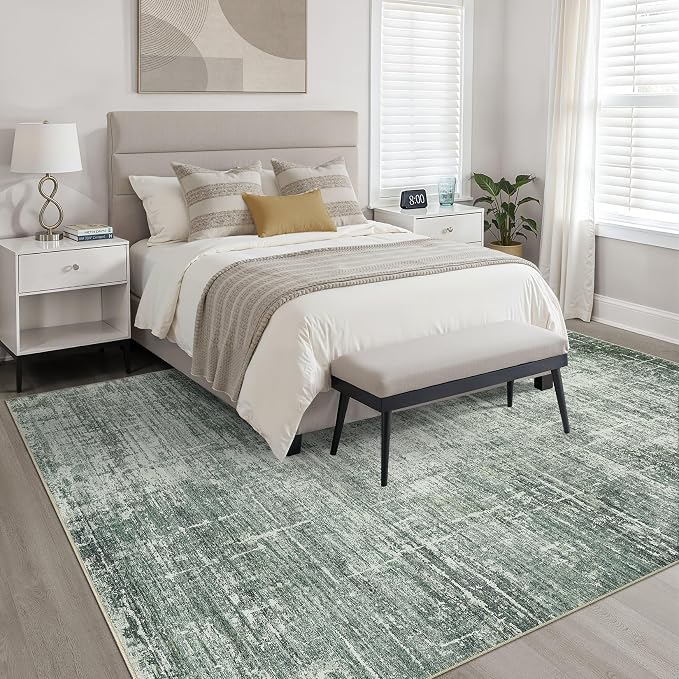 6x9 Area Rugs Living Room: Washable Large Neutral Rug Abstract Soft Modern Stain Resistant Indoor Floor Non-Slip Carpet for Bedroom Nursery Kids Office Playroom Dining Room Under Table- Dark Green