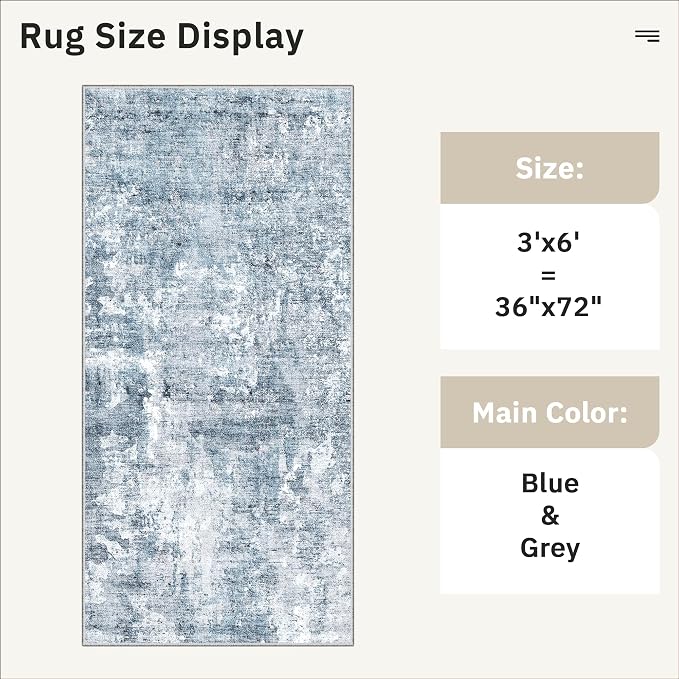 Soalmost Runner Rug 3x6 Washable Non-Slip Kitchen Runner Rugs for Bathroom Laundry Room Blue/Grey Vintage Floor Carpet Runners for Hallway Entryway