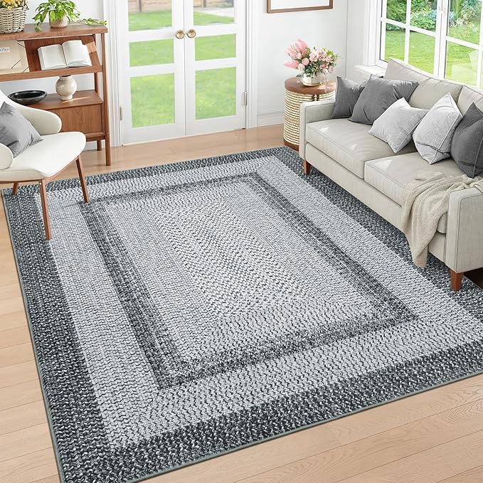 RUGSREAL 9x12 Living Room Rug Large Washable Rug Non Slip Boho Accent Carpet Braided Print Carpet Indoor Throw Floor Cover Farmhouse Rustic Area Rug Bohemian Border Rugs for Bedroom Home Decor, Grey
