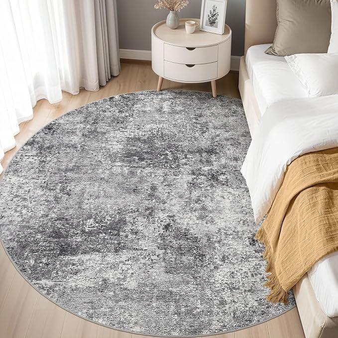 DMOYEST 6ft Round Area Rug Living Room Rugs - 6x6 Washable Large Soft Indoor Neutral Modern Abstract Low Pile Rug Carpet for Bedroom Dining Room Farmhouse Home Office - Grey