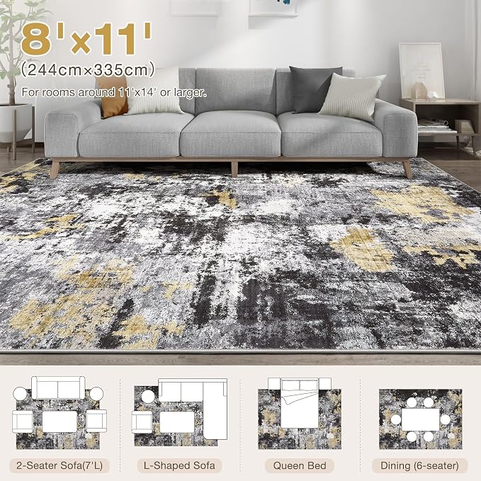 Abstract 8x11 Area Rug: Machine Washable Non Slip Ultra Thin Low-Pile Carpet, Soft Stain Resistant for Living Dining Room Bedroom, Kid Pet Friendly, Robot Vacuum Compatible - Black Gold