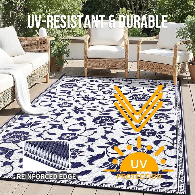 OLANLY Waterproof Outdoor Rug 6x9 ft, Outdoor Plastic Straw Rug with Flower Pattern, Reversible RV Mat for Patio, Camping, Balcony, Deck, Backyard, Navy & White