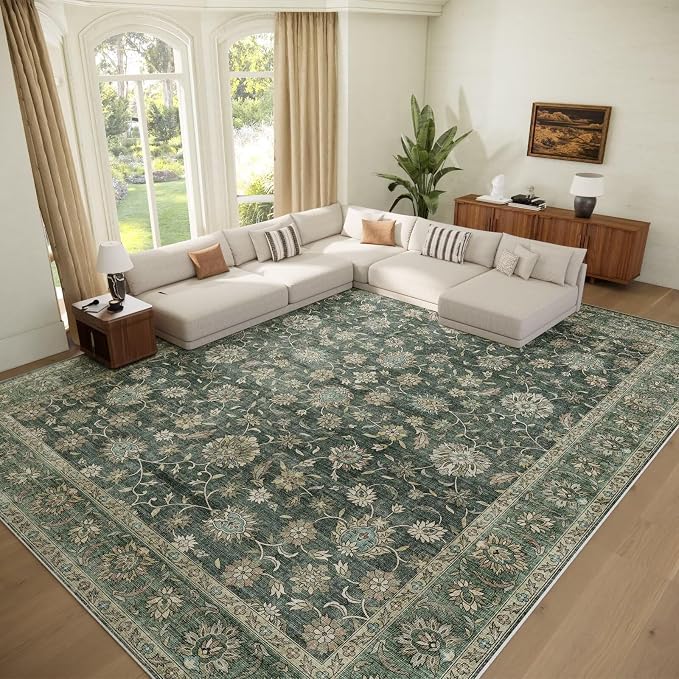Boho Washable 10x14 Area Rugs for Living Room, Cushioned, Sage Green | Vintage Non-slip Neutral Oriental Rugs for Bedroom Dining Room Nursery Office High Traffic Area